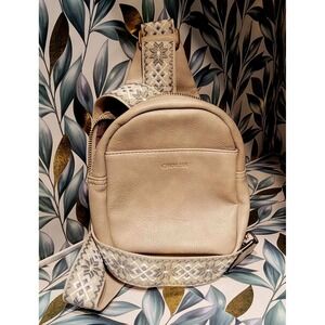 Choliss Vegan Leather Sling Bag Tan w/Woven Guitar Strap Crossbody Backpack